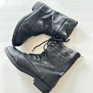 Report Women’s Black Combat Boots – Faux Leather Lace-Up with Knit Cuff & Side